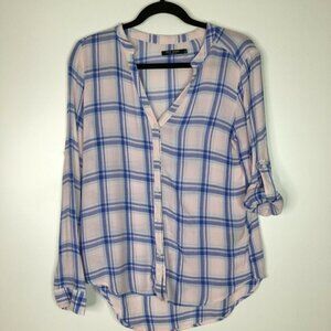 Max Jeans hi-lo plaid button up pink Small roll up sleeves